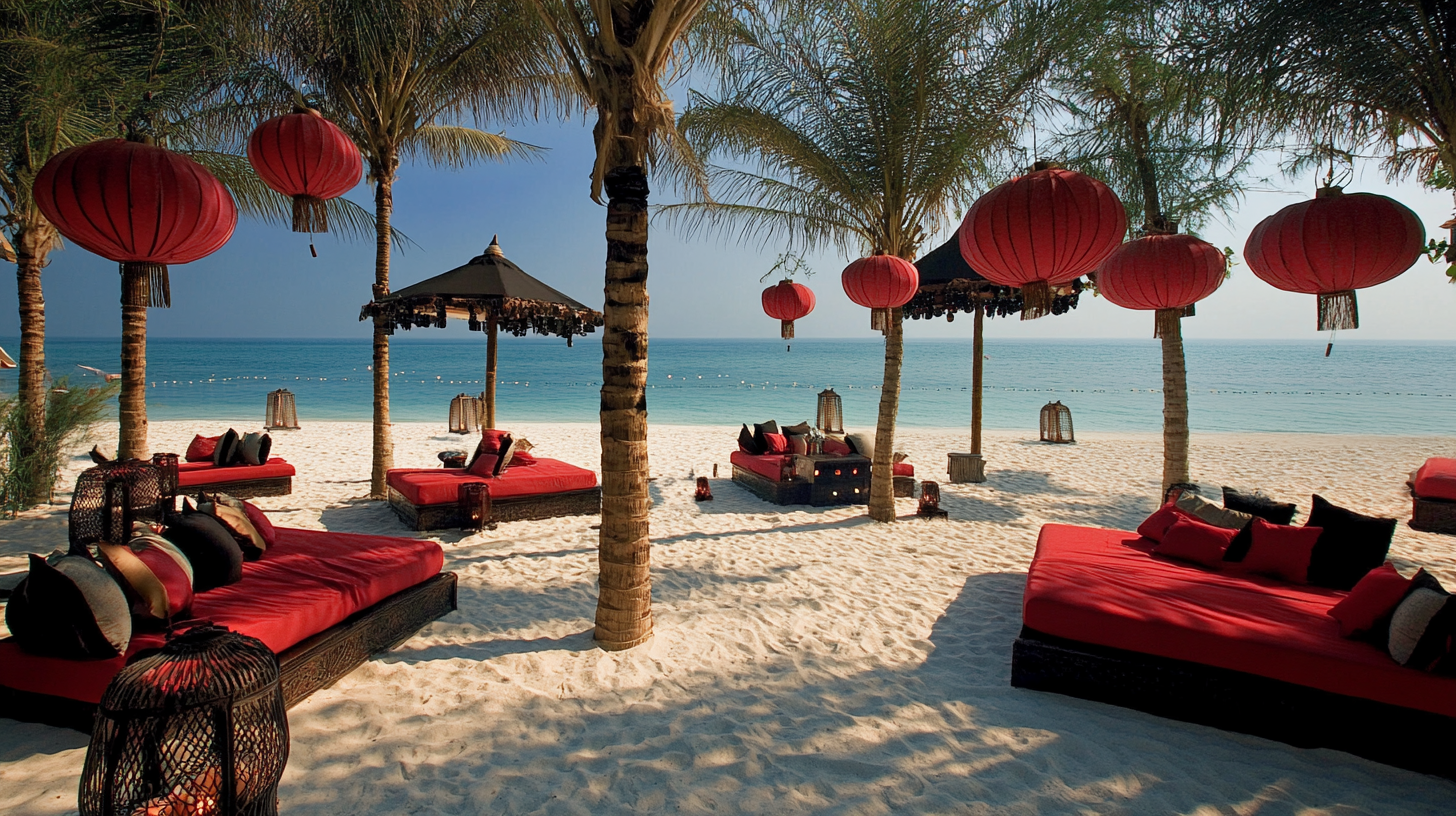 Chinese-themed beach club with red and black decor