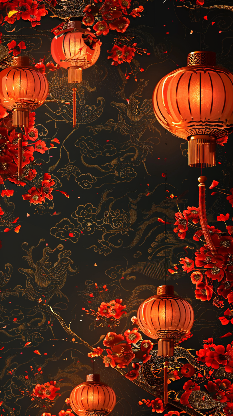 Chinese-themed wallpaper with lanterns, dragons, and cherry blossoms.