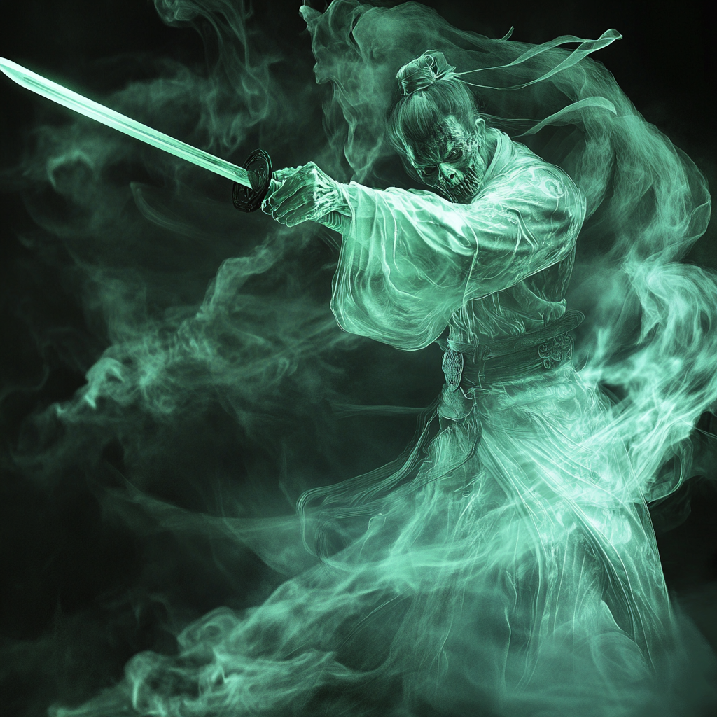 Chinese warrior wielding translucent green sword, swirling smoke, foreshortening.