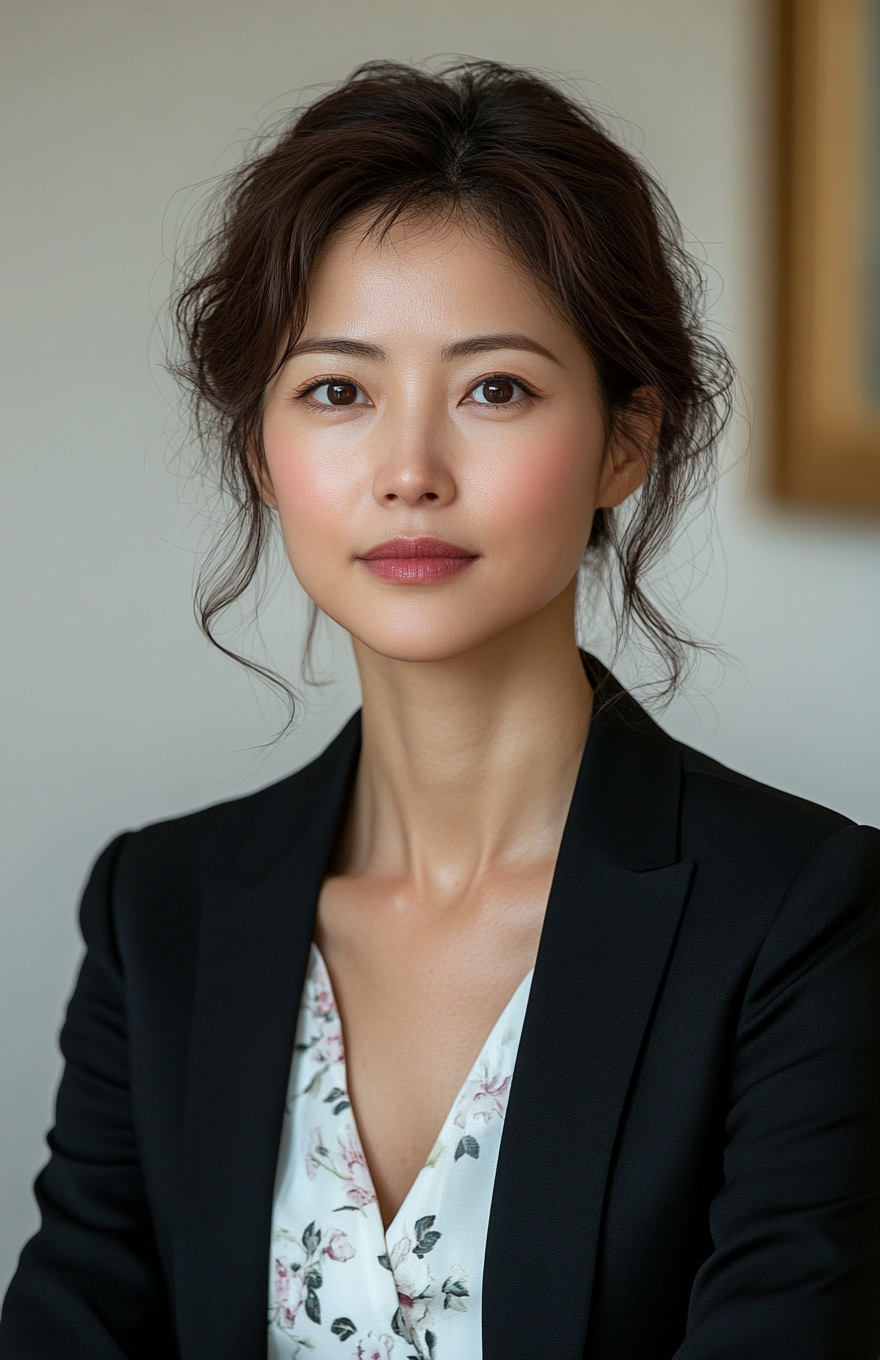 Chinese woman in forties, short hair, black suit, white dress.