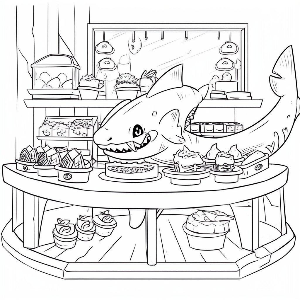 Chini anime style shark making sushi rolls scene.