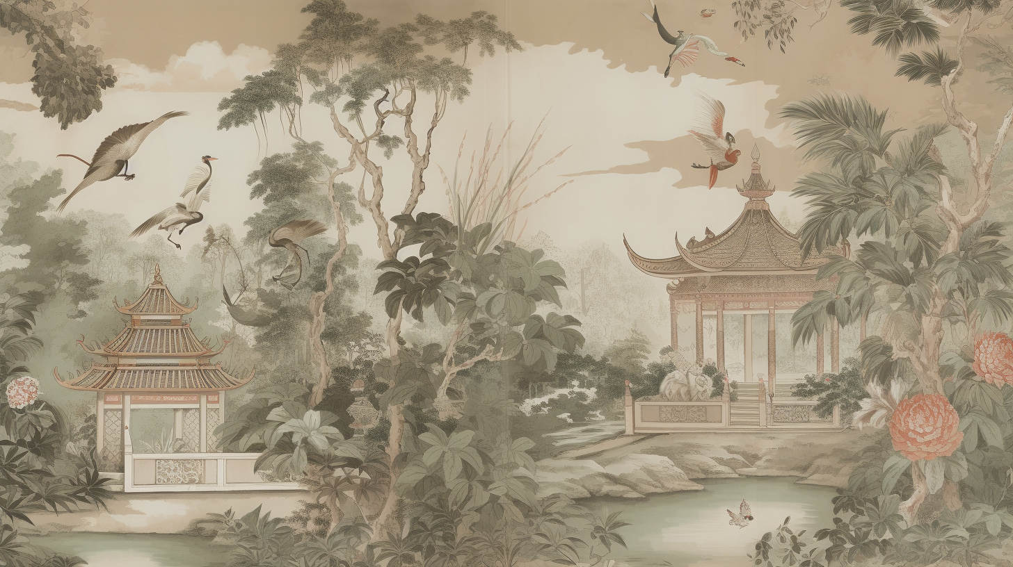 Chinoiserie-inspired wallpaper: pagoda, elephant, tiger in jungle