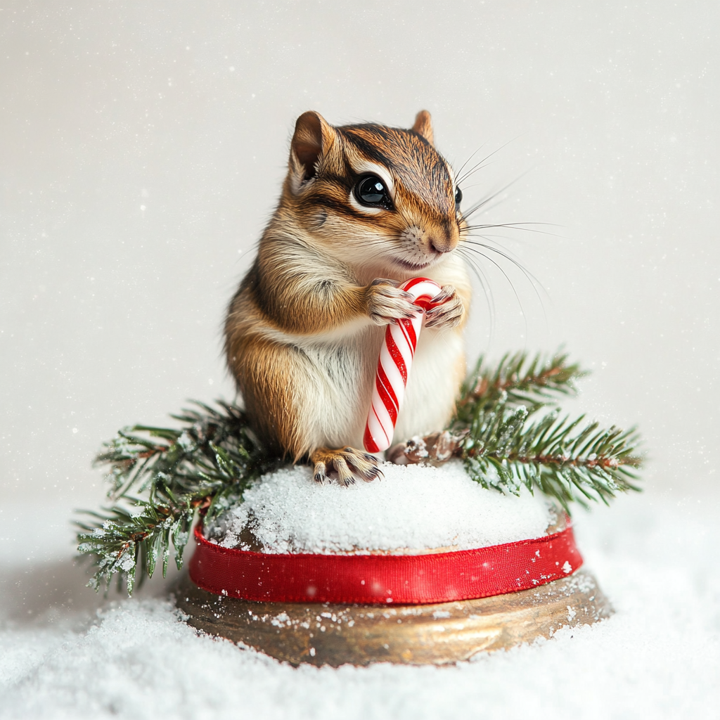 Chipmunk holding candy cane on Christmas bell