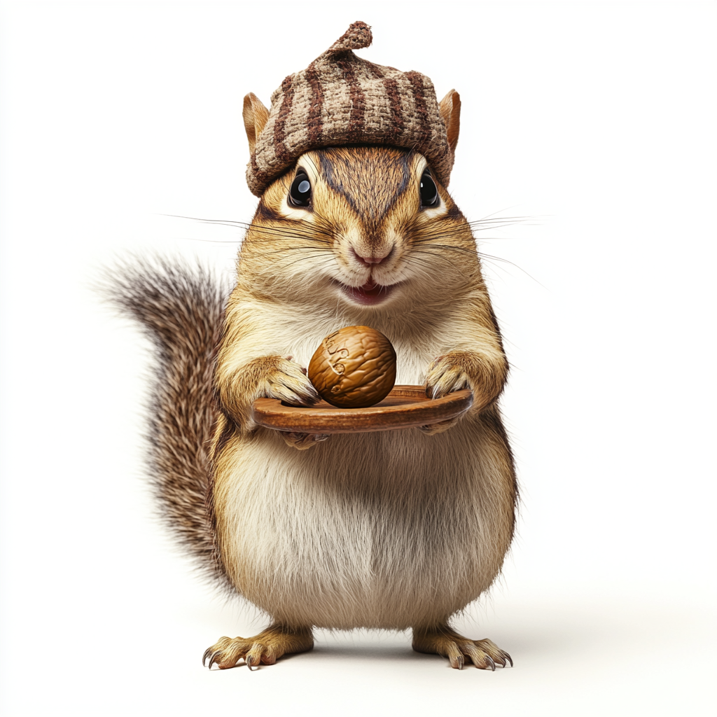 Chipmunk holding wood tray with acorn, medieval cloth Hennin.