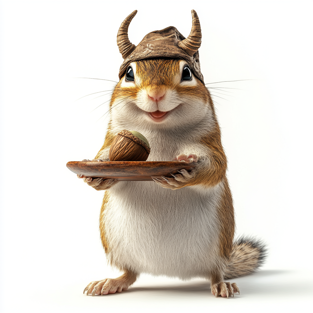 Chipmunk wearing Hennin holds acorn on wood tray