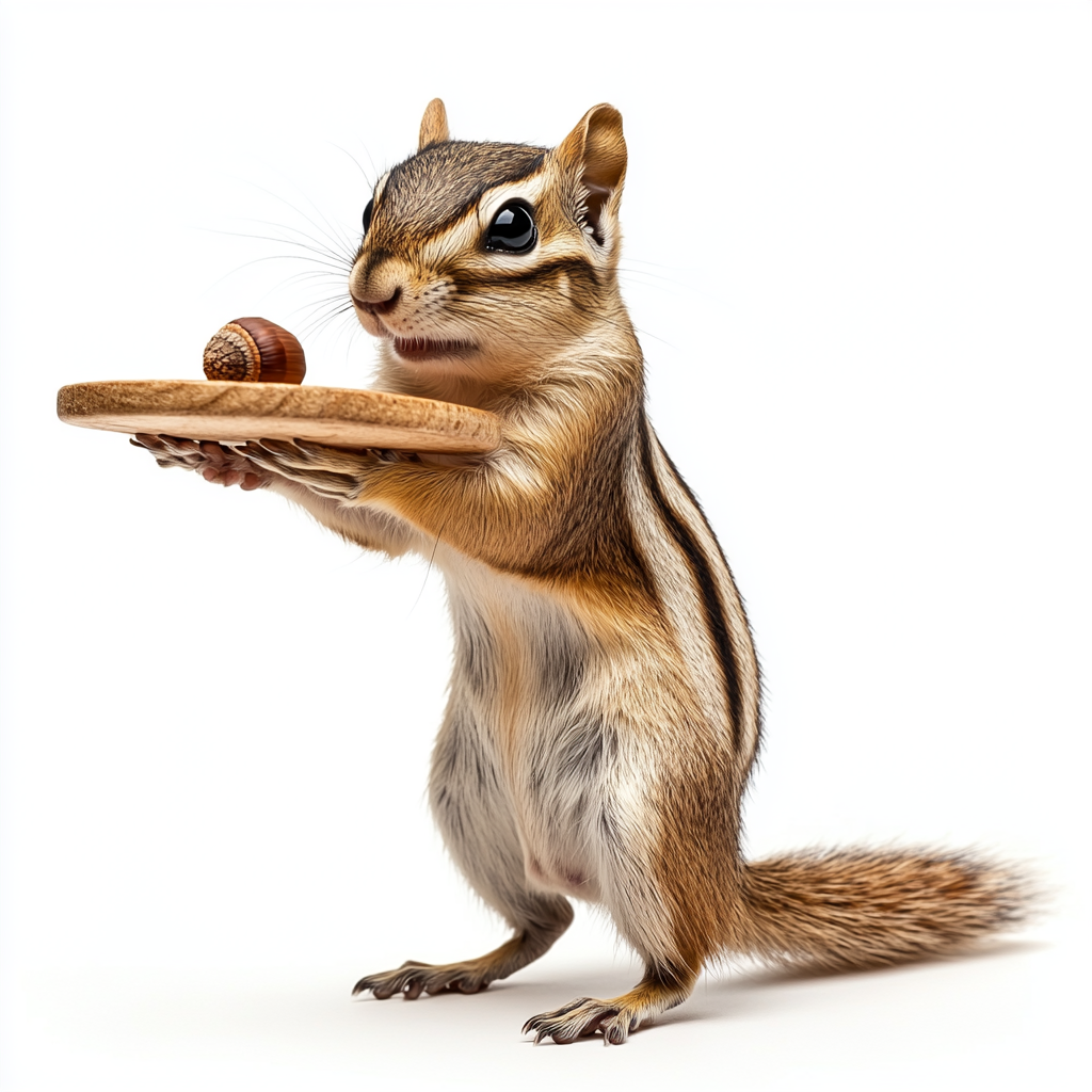 Chipmunk with tray holding acorn, smiling, wearing headgear.