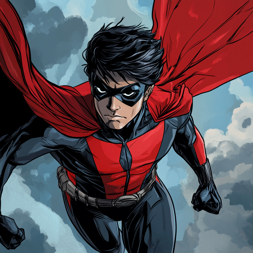 Chiseled jawed hero flying in comic book style.