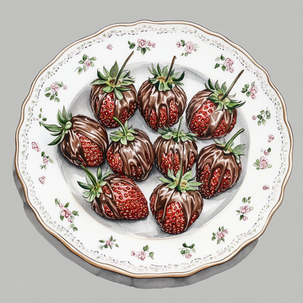 Chocolate Covered Strawberries on Ornate White Plate