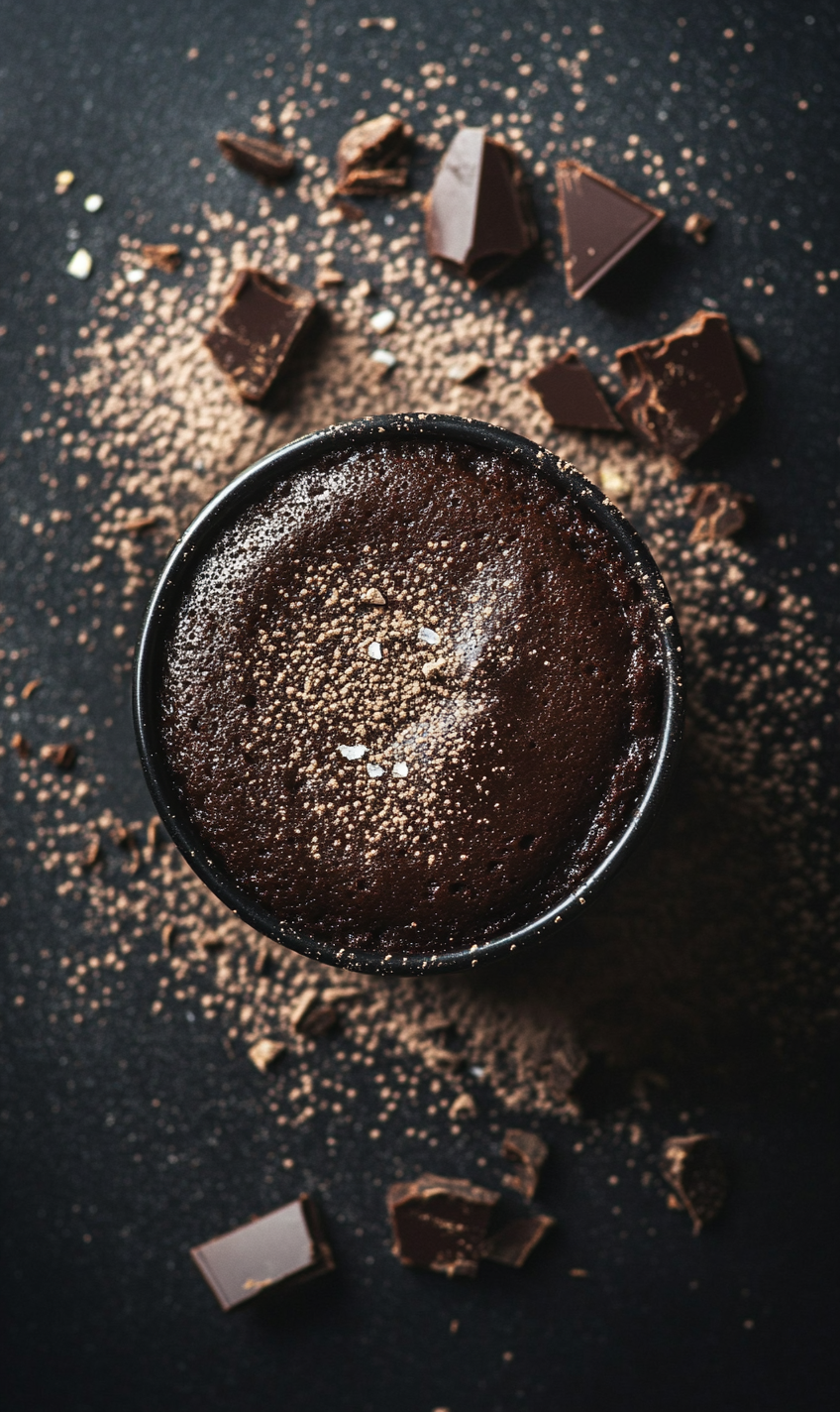 Chocolate mug cake, tempting close-up shot, elegant lighting.