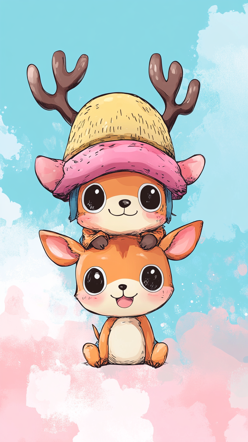 Chopper sits cutely on Luffy's head in scene.