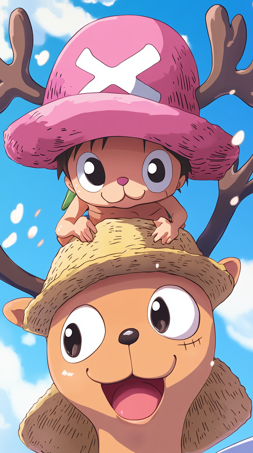 Chopper sits on Luffy's head, playful and surprised.