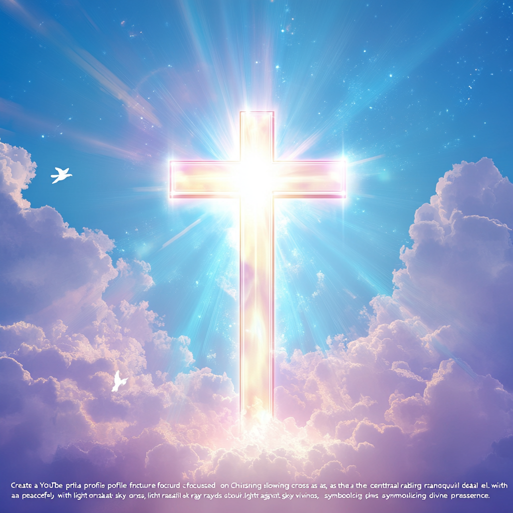 Christian YouTube profile picture featuring glowing cross, peaceful background.