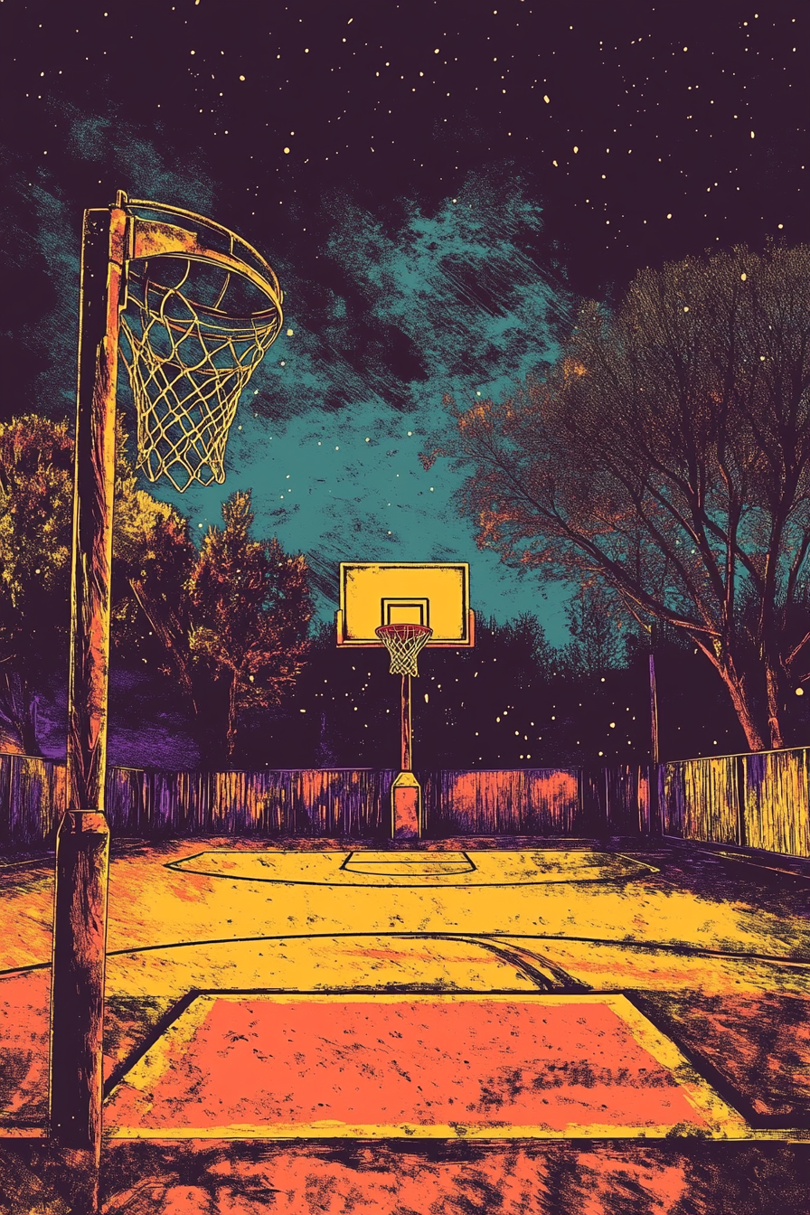 Christmas Basketball Court - A synthwave-style graphic featuring a dirty, old court.