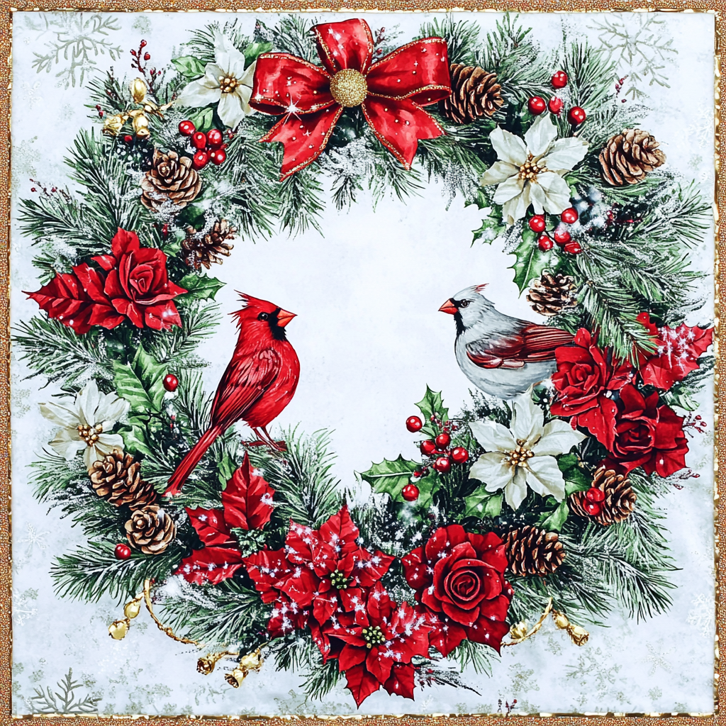 Christmas Fabric Design: Wreath, Baubles, Snowflakes, Cardinals, Stars