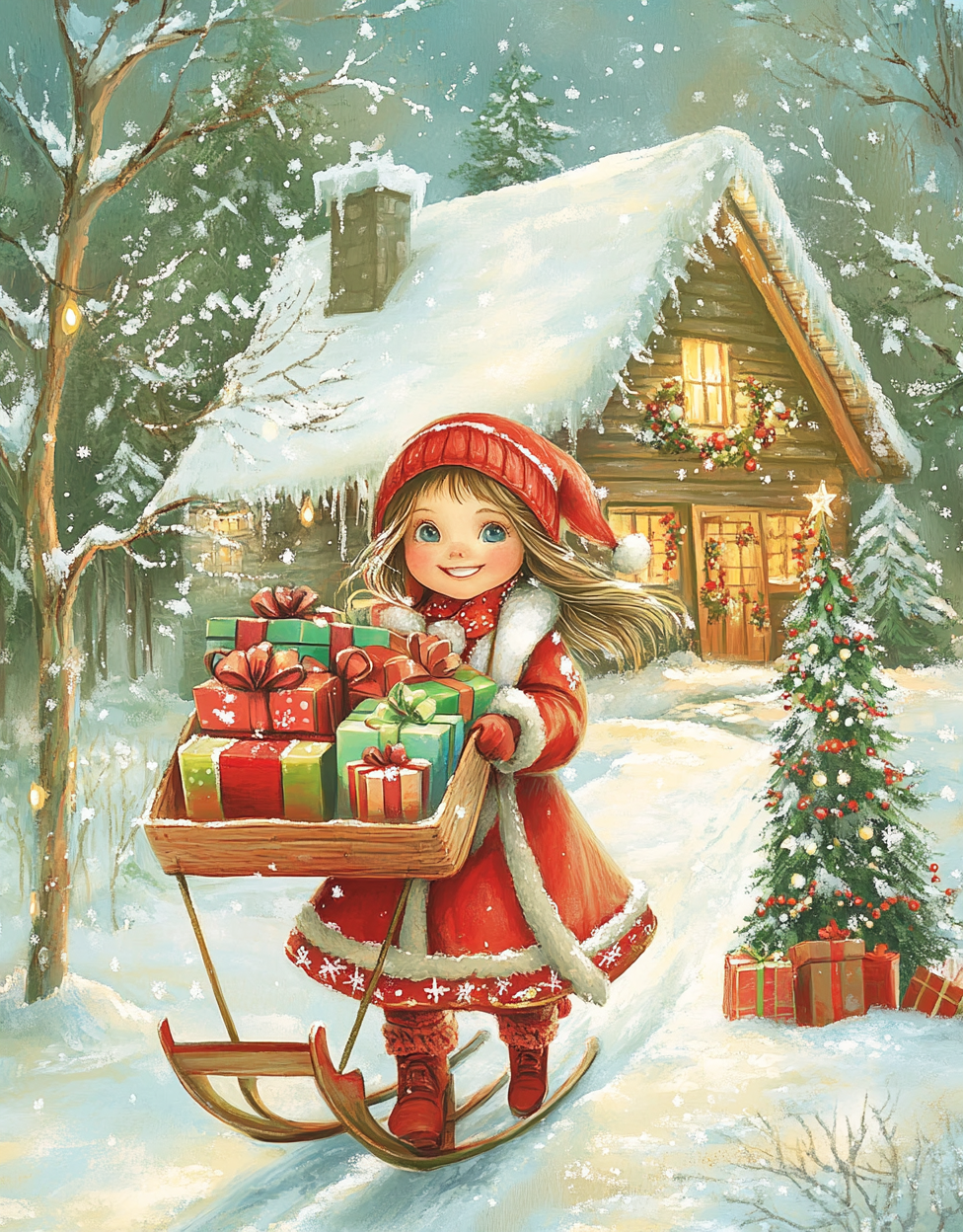 Christmas Girl with Gifts in Snowy Scene