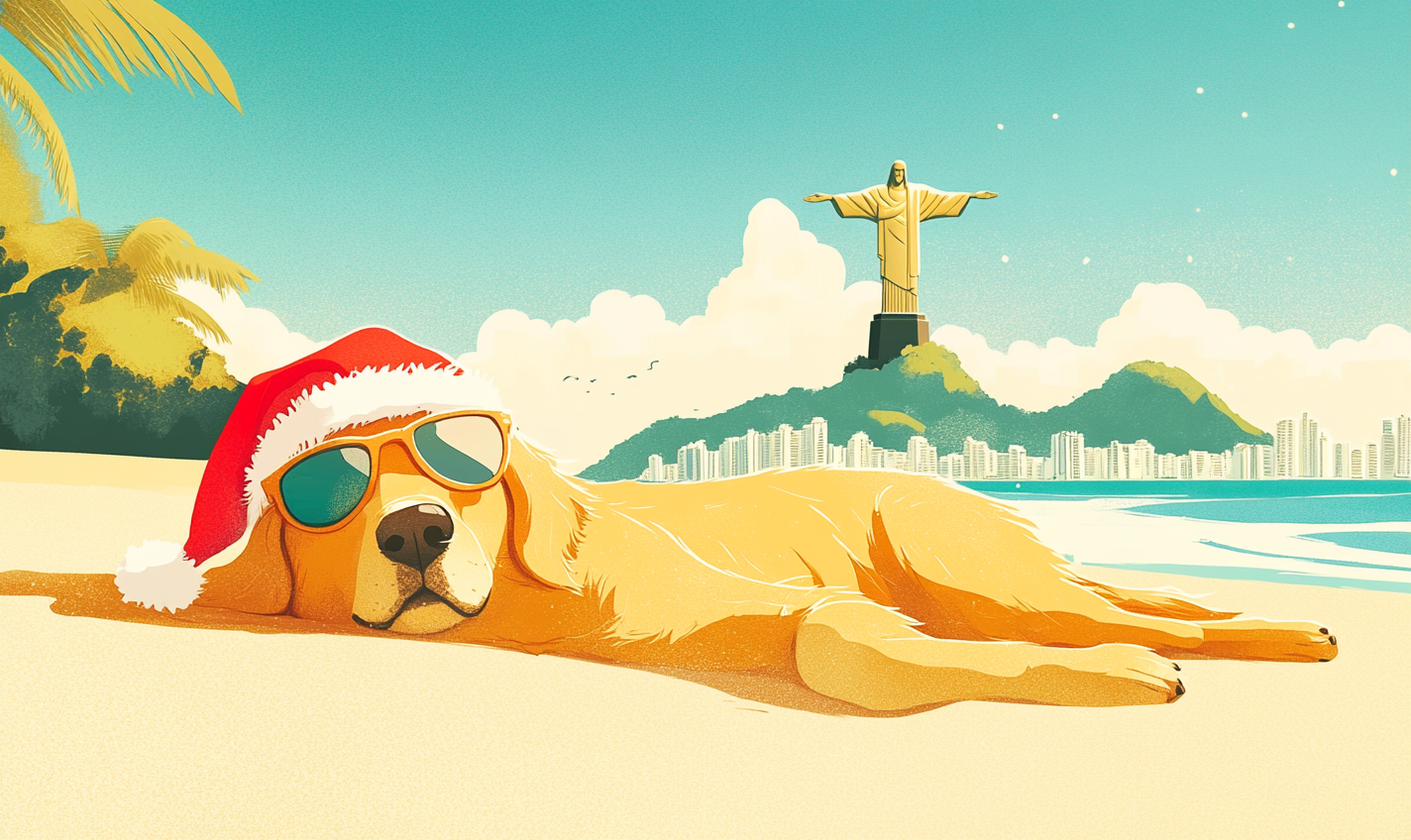 Christmas Golden Retriever relaxing on beach in Rio.