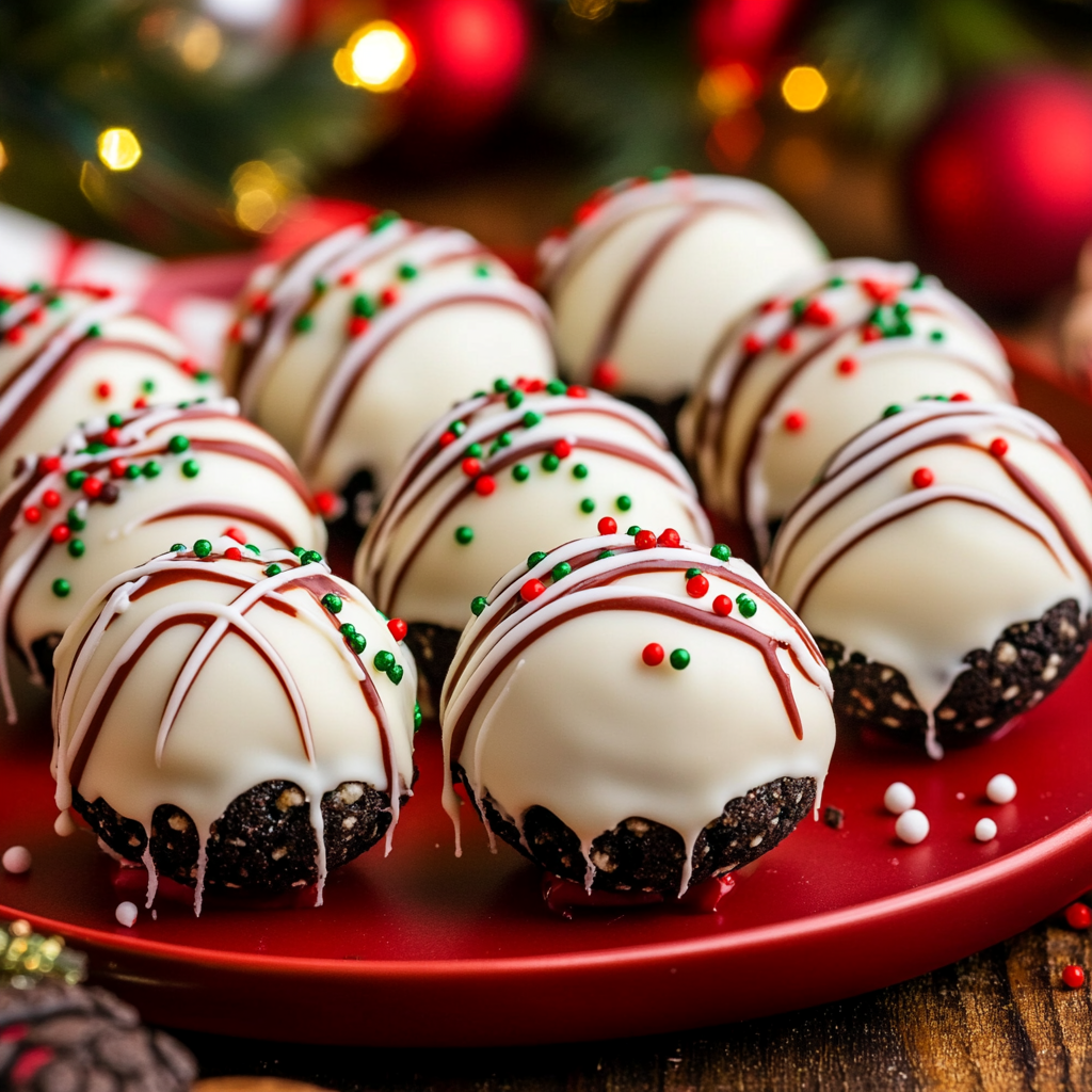 Christmas Oreo Balls on a red plate