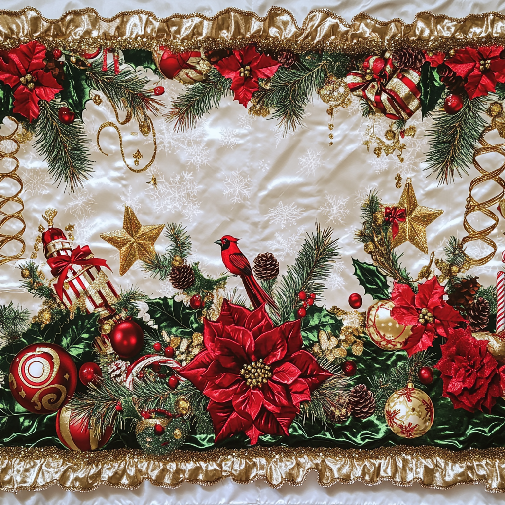 Christmas Season Tablecloth Design with Pine Tips and Baubles