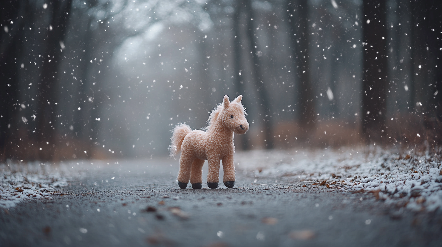 Christmas Stuffed Horse Toy in Snowy Park - 16:9