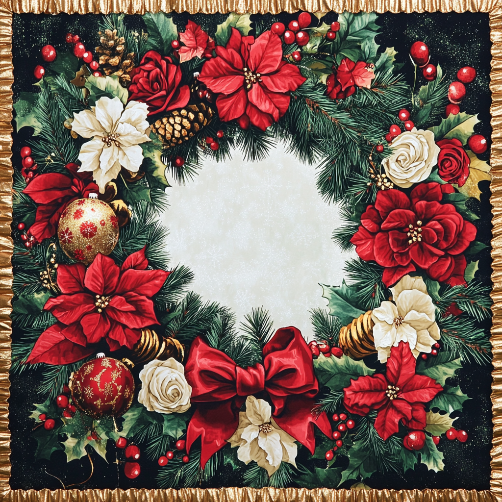 Christmas Wreath Fabric Design with Baubles and Roses