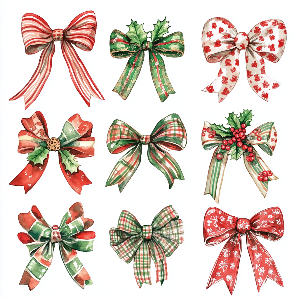 Christmas bows with Santa and gingerbread designs