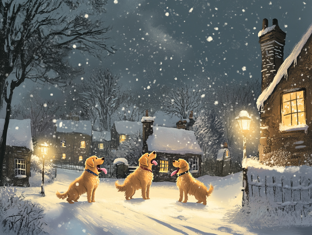 Christmas caroling Golden Retrievers in snowy village illustration.