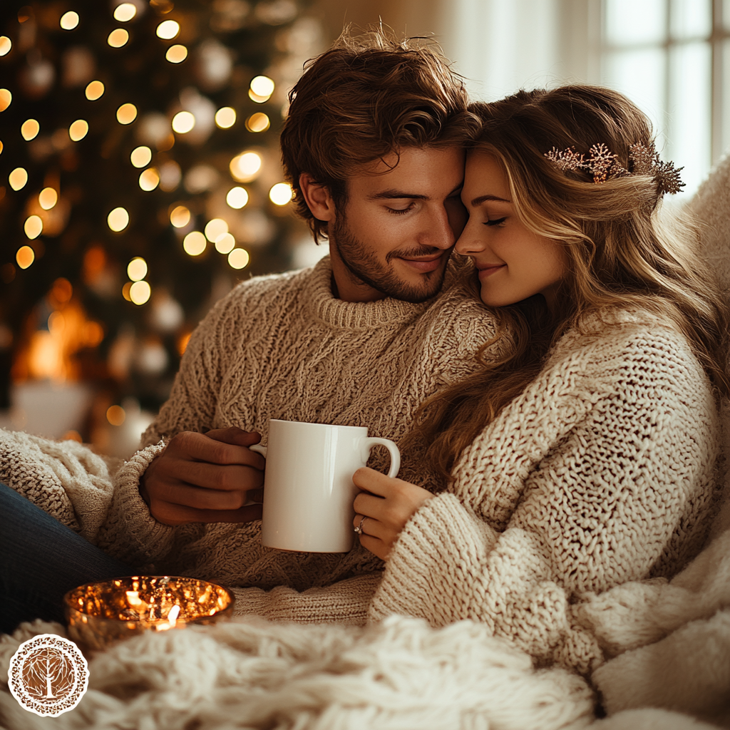 Christmas cozy couple by fireplace with decorations