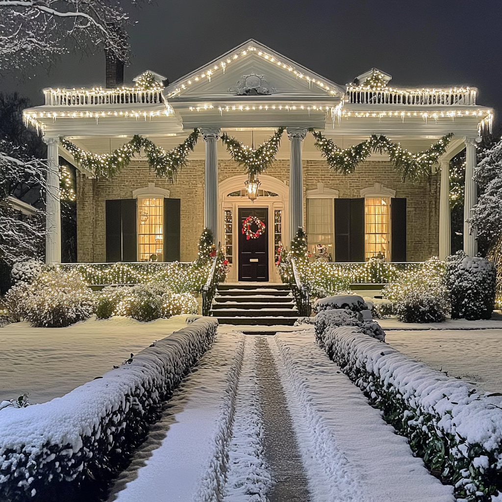 Christmas decorations on plantation house in New Orleans.