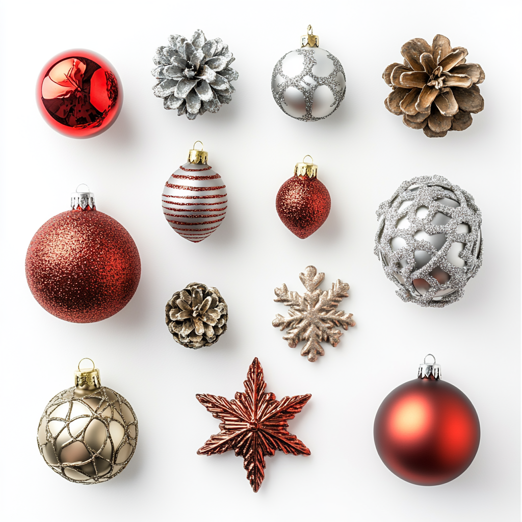 Christmas decorations viewed from above on white background.