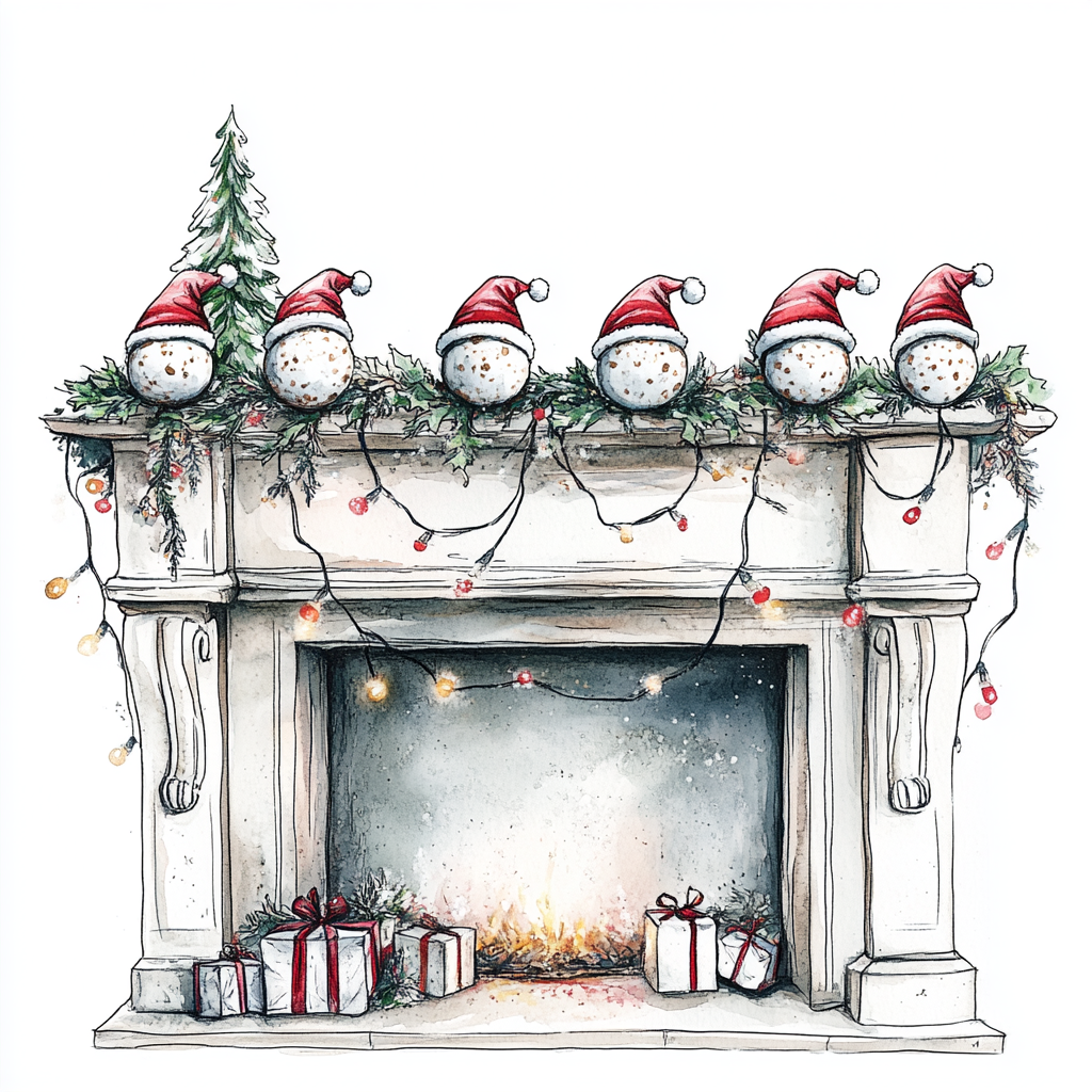 Christmas fireplace mantel with falafel balls with Santa hats.