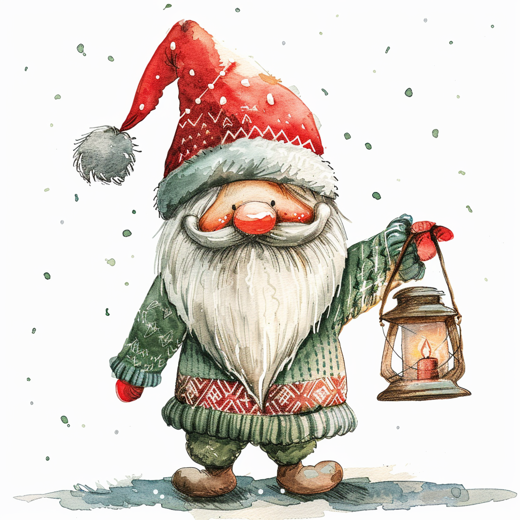 Christmas gnome in colorful outfit holding lantern