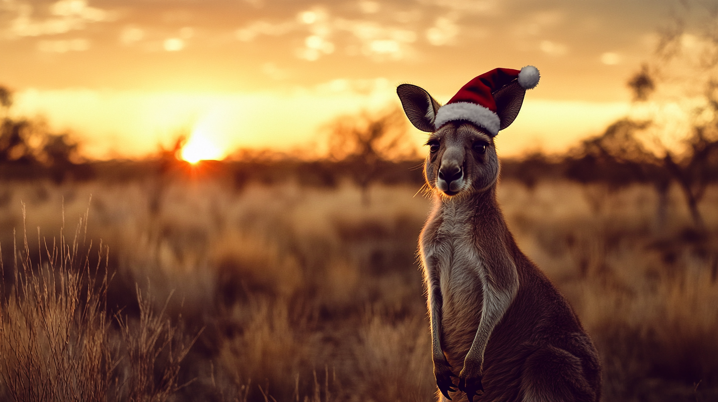 Christmas hat on kangaroo in Australian desert, epic landscape.