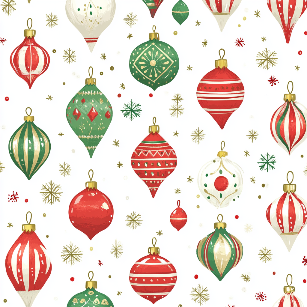 Christmas ornaments pattern with red, green, shimmering designs.