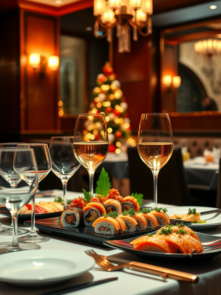 Christmas party with sushi and wine glasses