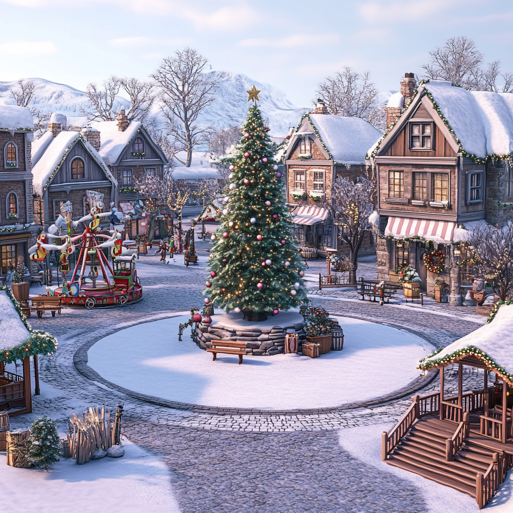 Christmas square with tree, ice rink, carousel, train.