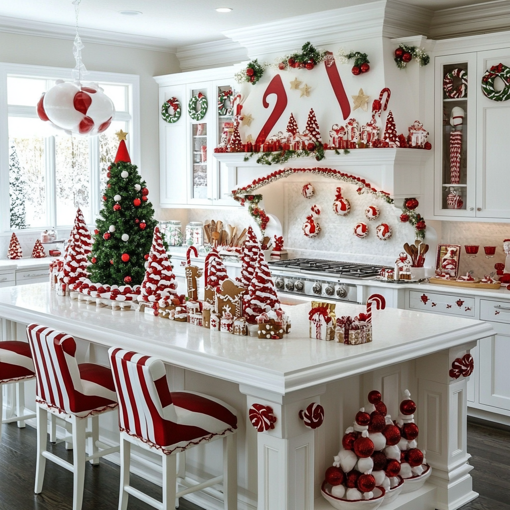 Christmas themed white kitchen with gingerbread decorations.