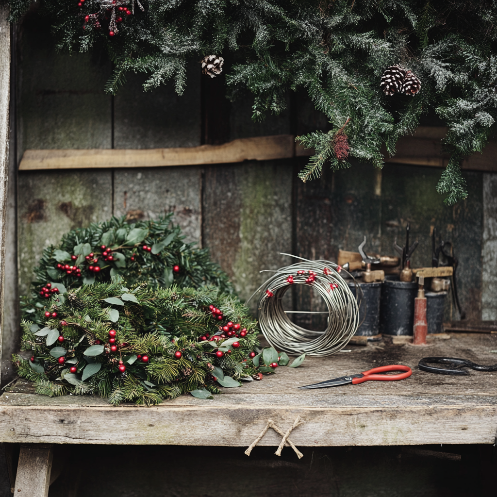 Christmas wreath making workbench with fir sprigs and holly.