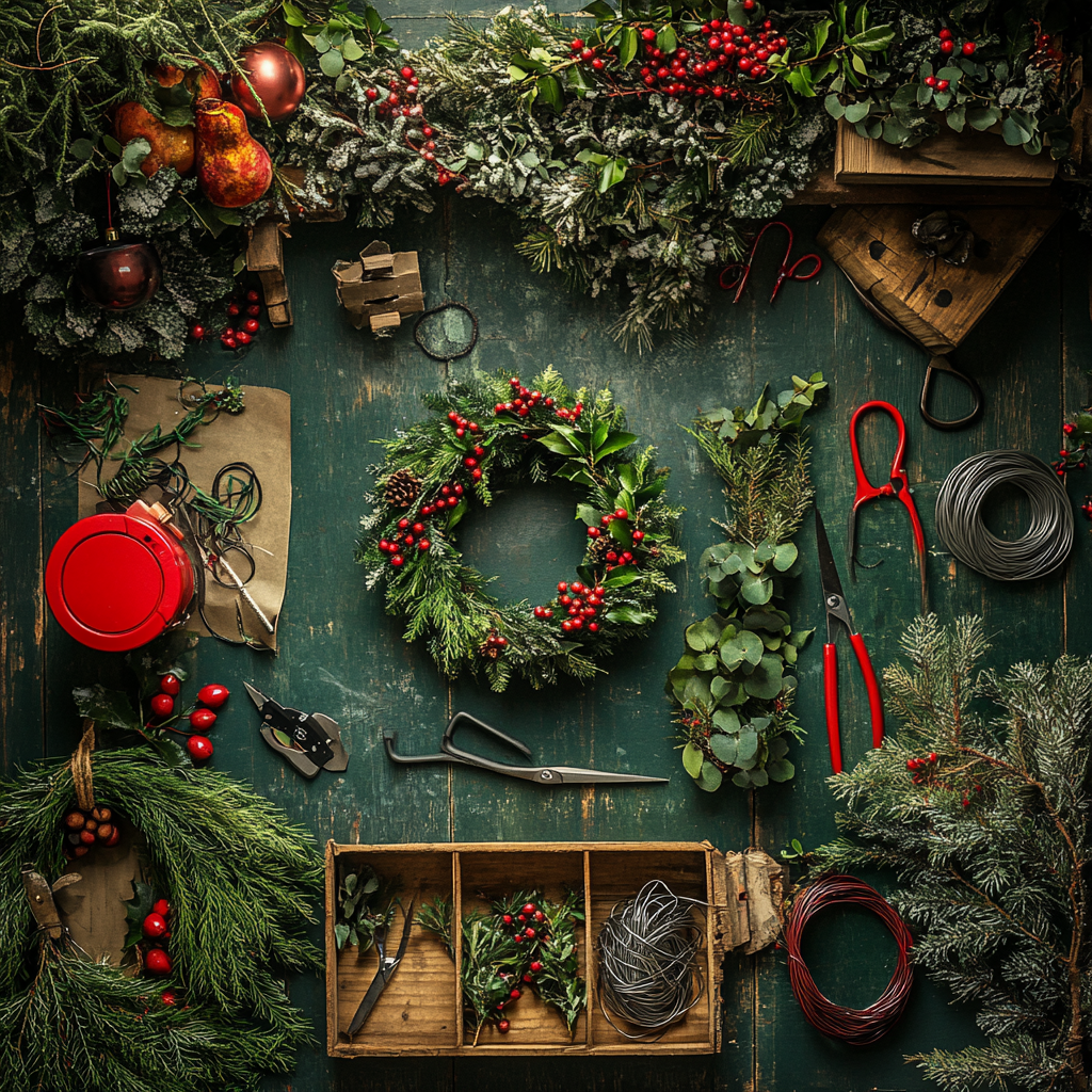 Christmas wreath making workbench with holiday decorations.