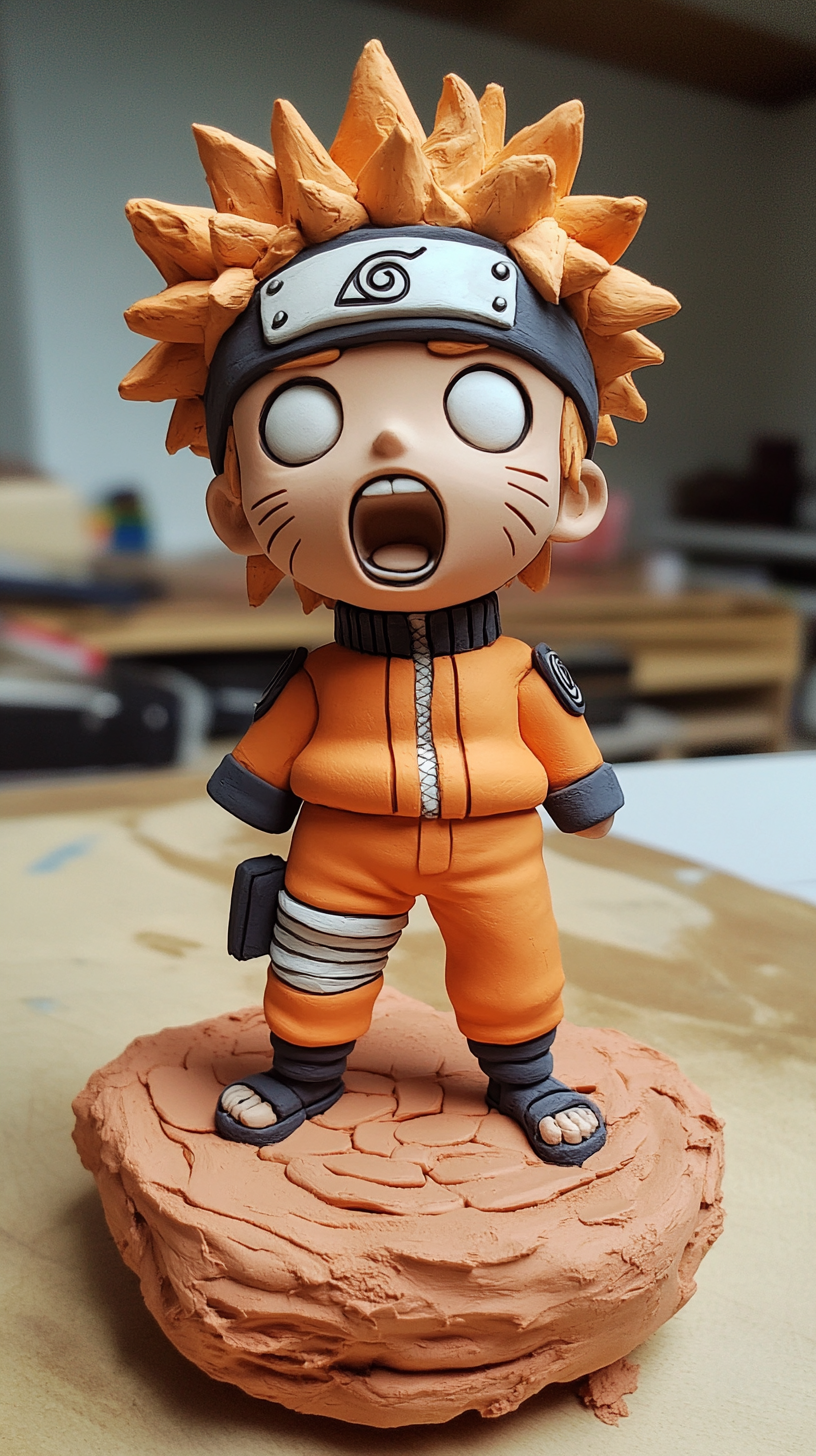 Chubby, determined baby Naruto in claymation style. Whimsical, playful.