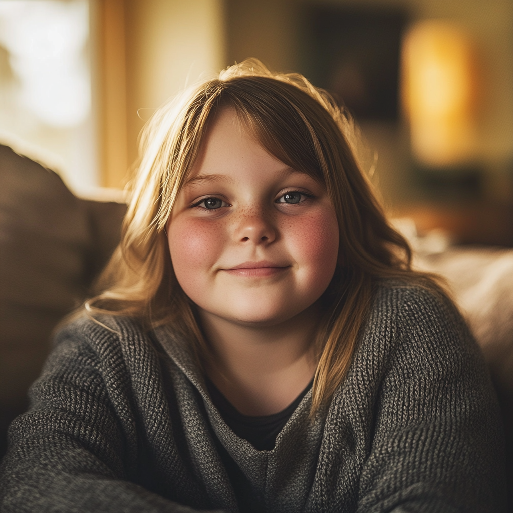 Chubby 12-year-old girl in cozy indoor setting portrait.