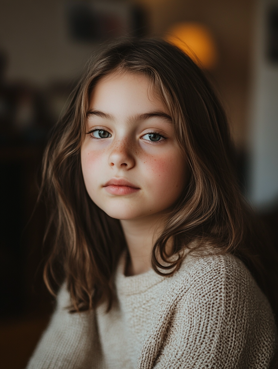 Chubby 12-year-old girl portrait with soft lighting.