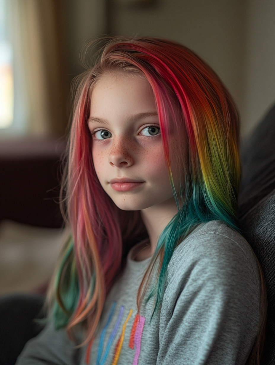 Chubby 12-year-old girl with colorful hair in cozy room.