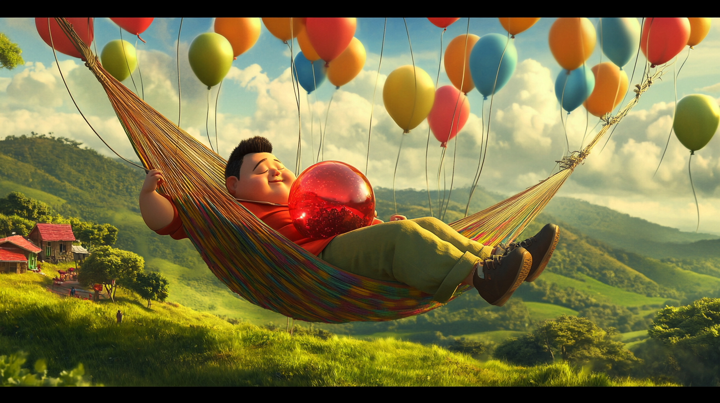 Chubby Asian Man Relaxing in Hammock with Balloons