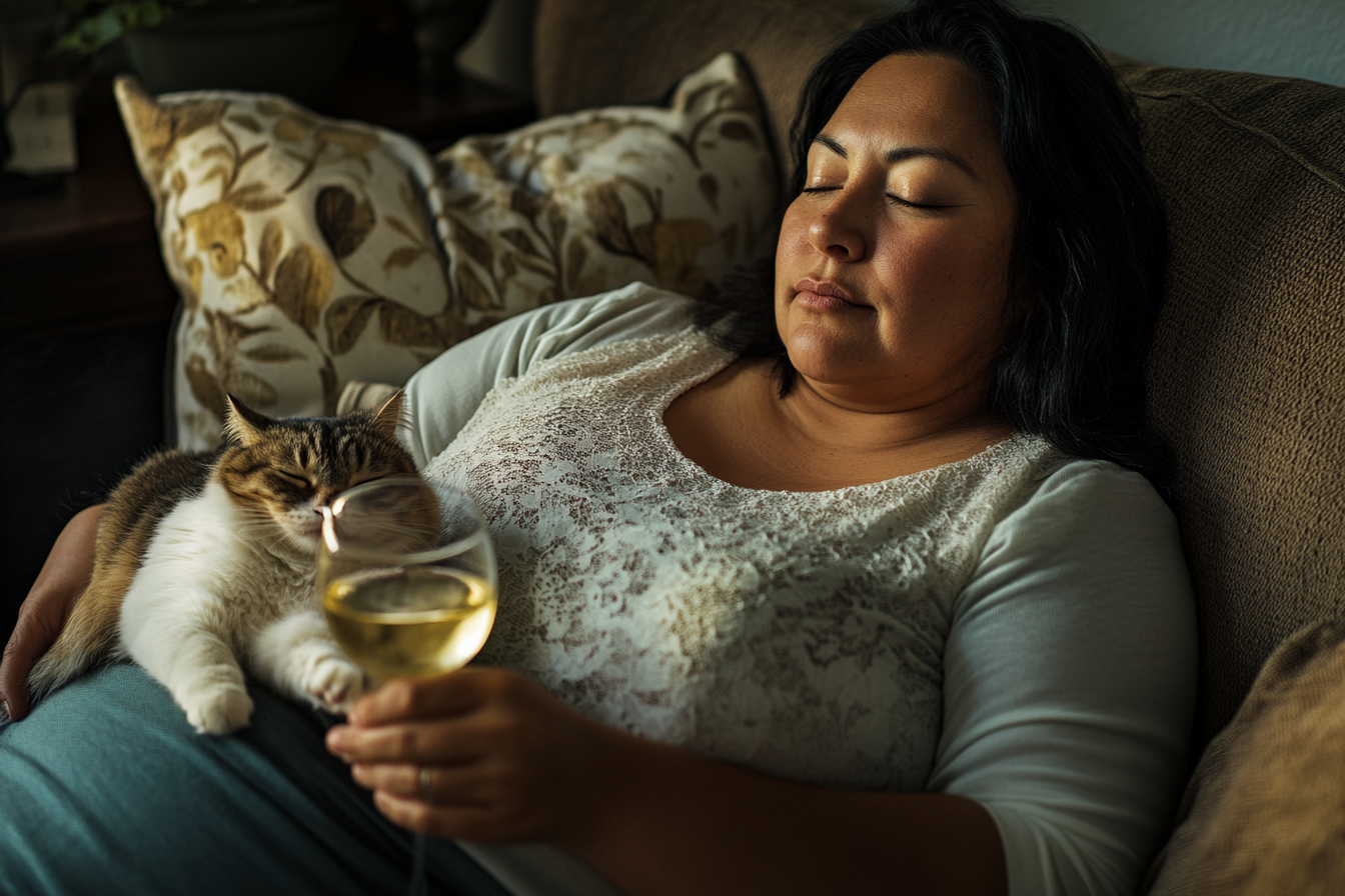 Chubby Hispanic woman with cat and glass of wine.