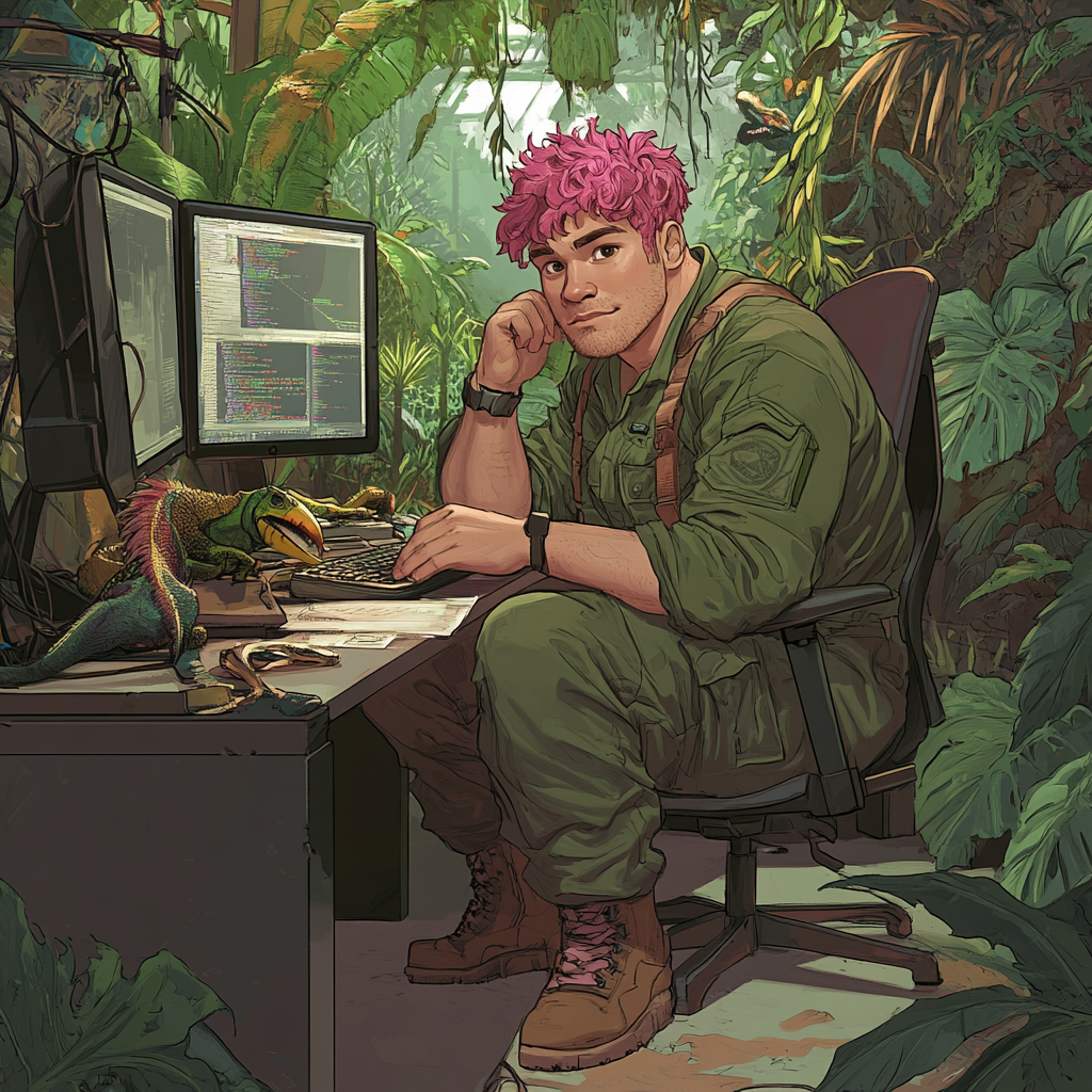 Chubby IT professional in jungle office with animals.