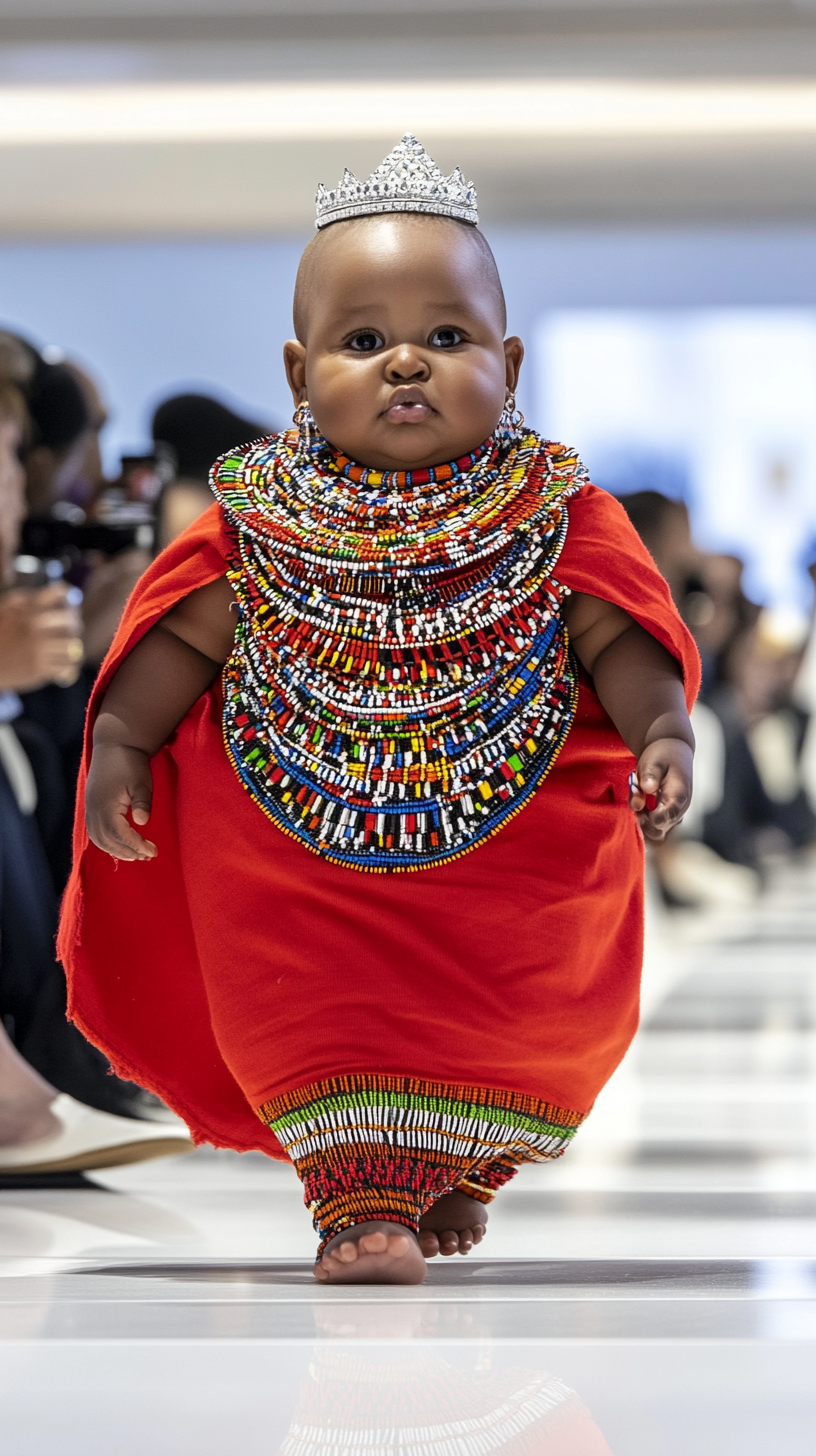 Chubby Kenyan baby poses like supermodel at fashion show.