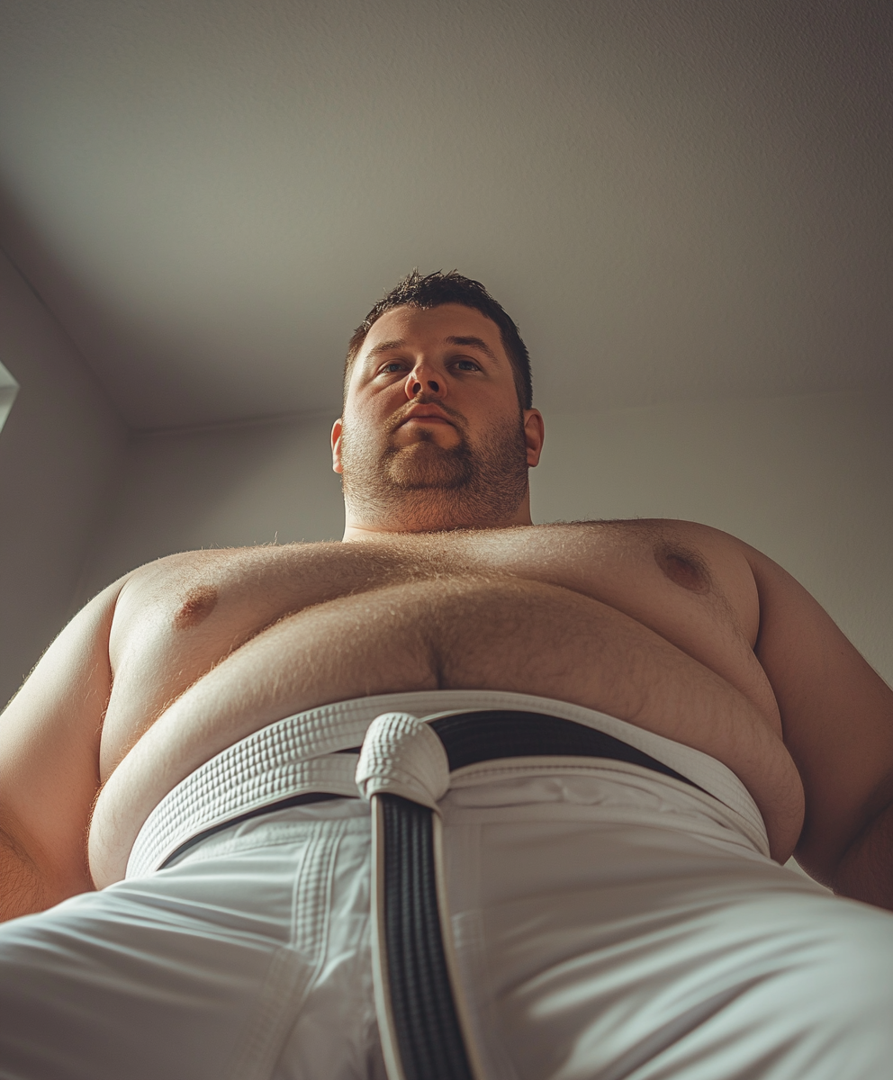 Chubby Man in Nogi White Belt and Spandex, Candid Photo