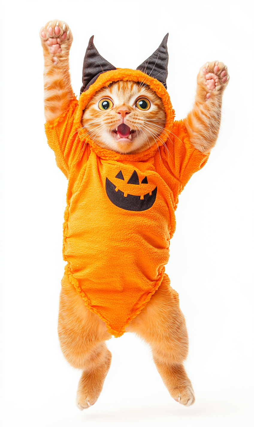 Chubby cat jumps in Halloween outfit on white.