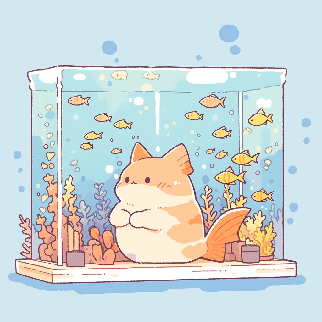 Chubby cat watching fish in cozy aquarium scene.