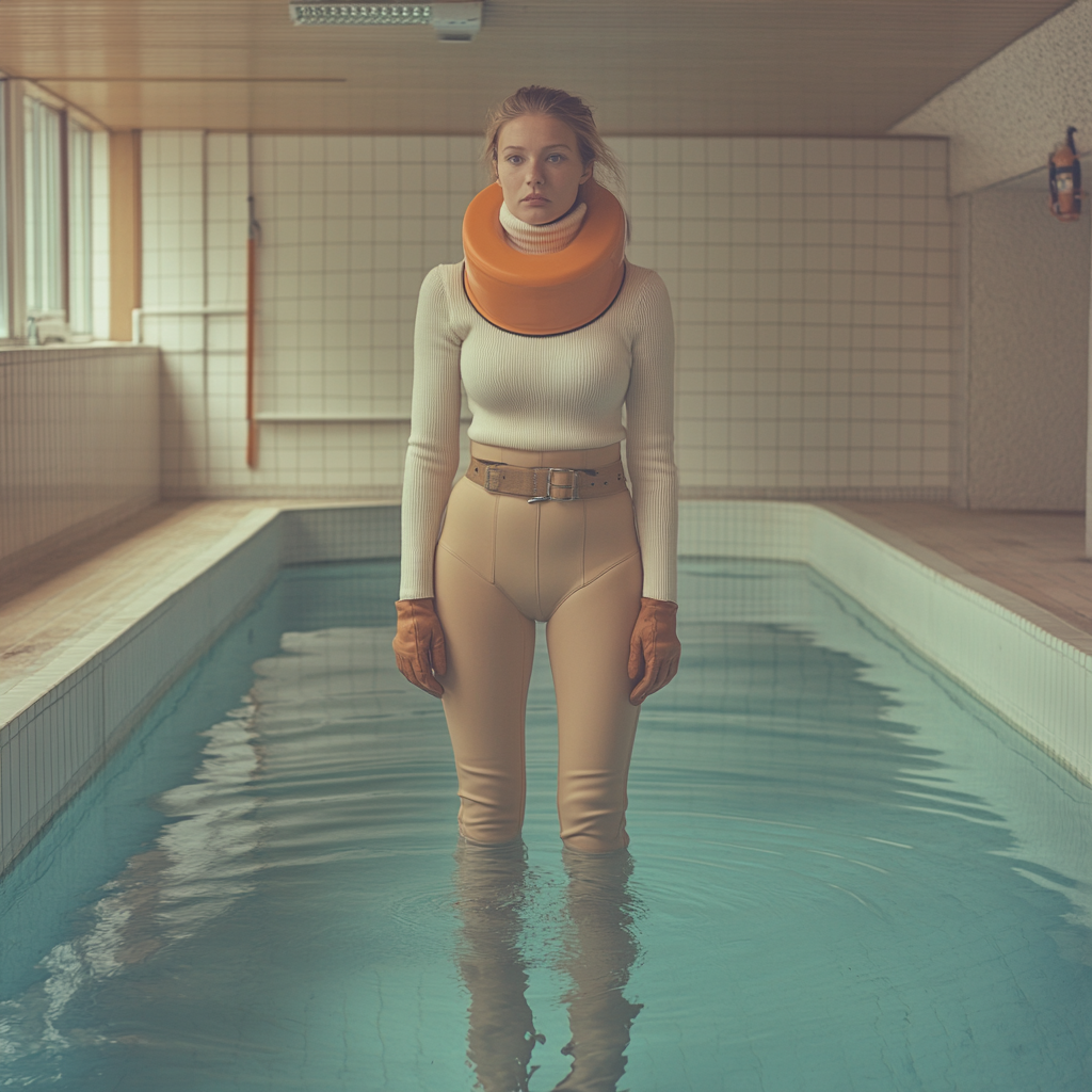 Chubby danish woman in cream turtleneck by indoor pool